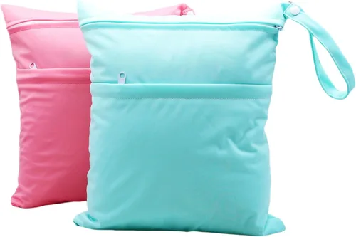 Vista 11 de 2 bolsas para pañales de tela húmedos y secos, impermeables, reutilizables, con dos bolsillos con cremallera, para viajes, playa, piscina