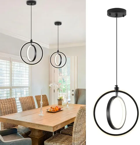 Vista 8 de Lámparas colgantes LED negras modernas, paquete de 2 unidades, diseño minimalista, iluminación colgante ovalada para isla de cocina, luz colgante
