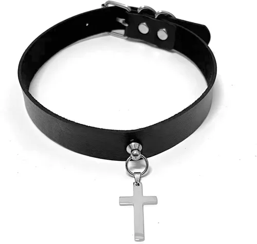 Vista 3 de Tosmifairy Gargantilla gótica negra de piel sintética con colgante de luna y cruz para mujeres y adolescentes