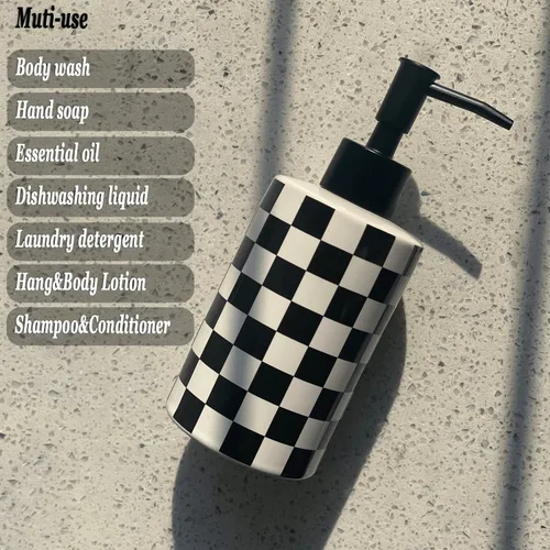Vista 2 de Dispensador de jabón de baño con bomba negra mate, dispensador de jabón de cerámica blanca para cocina, patrón de cuadros, botella de bomba vacía