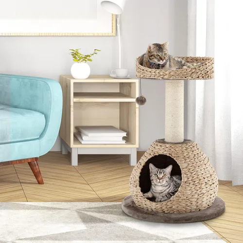 Vista 9 de Tangkula Árbol para gatos moderno, torre para gatos pequeña con poste de rascar de sisal natural, condominio para gatos de mimbre hecho a mano