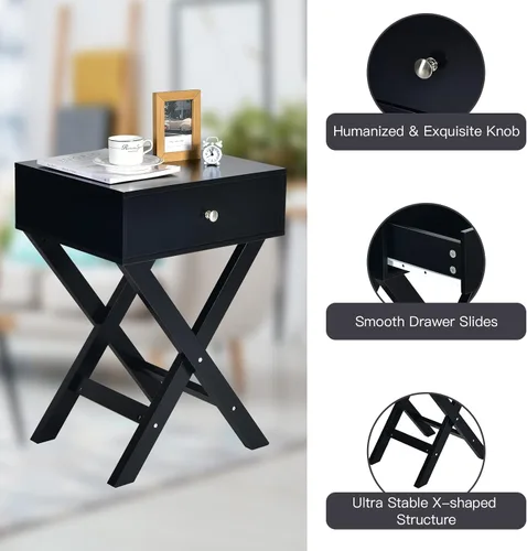 Vista 6 de Giantex Mesita de noche con cajón, mesa auxiliar en forma de X, mesa auxiliar moderna para sofá, mesa de noche multifuncional para el hogar, sala