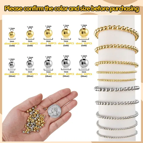 Vista 2 de 300 cuentas rellenas de oro de 18 quilates para hacer joyas, cuentas redondas de pulsera, oro de 0.118 pulgadas, latón, suministro hecho a mano