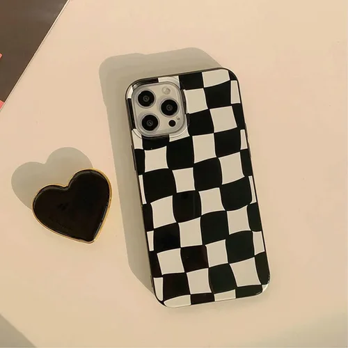 Vista 2 de Funda de teléfono con soporte a cuadros negros con diseño de patrón antideslizante, marco de gel de sílice suave para iPhone 7/8