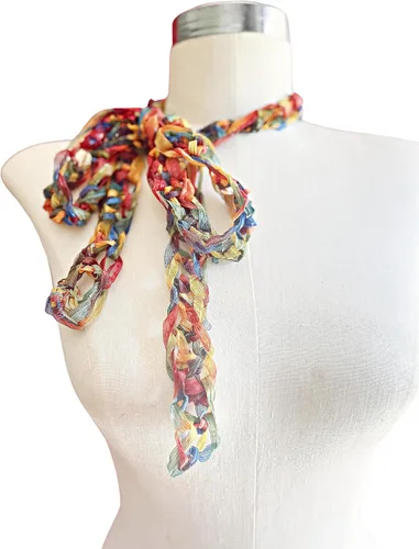 Vista 2 de Bufanda delgada hecha a mano, bufanda de mezcla multicolor, bufanda ligera, bufanda de moda, hecha a mano en los Estados Unidos, accesorio de moda