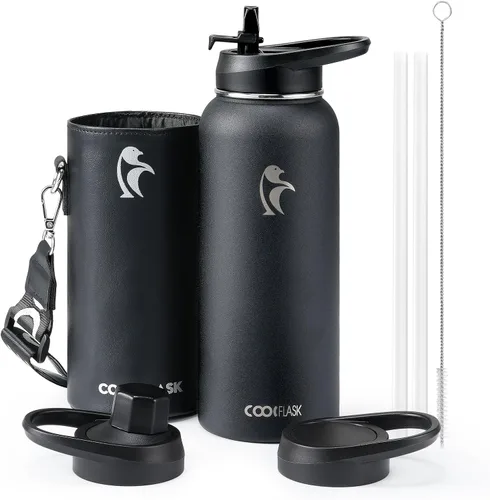 Vista 11 de Coolflask Botella de agua de 64 onzas aislada con funda de cuero PU, botella de agua de medio galón con contraste de color y tapa con popote, jarra