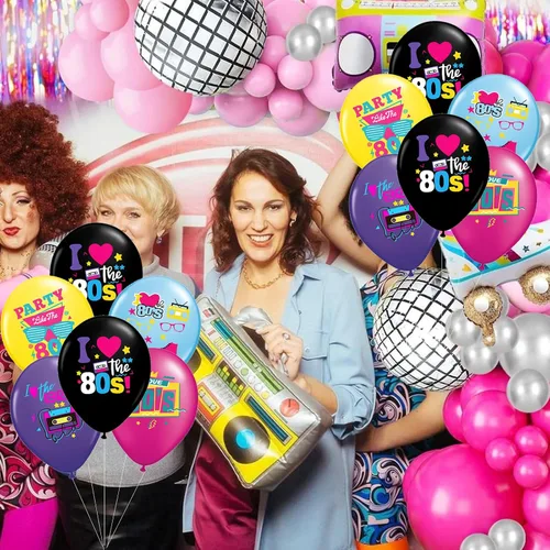 Vista 7 de Decoraciones para fiestas de los años 80, paquete de 30 globos de regreso a los 80 para suministros de fiesta temática de los años 80 Globos retro