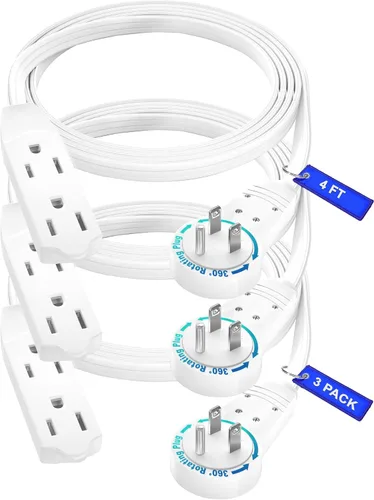Vista 12 de Maximm Cable de extensión de enchufe plano giratorio de 360° de 1 pie, cable de extensión de 3 tomas de corriente múltiple de 16 AWG, cable