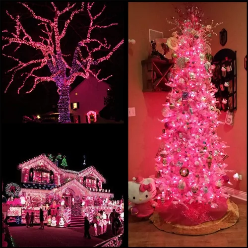 Vista 7 de YULETIME - Tira de 300 luces LED rosadas de color blanco cálido de 100 pies con adaptador de 8 modos, 4 pulgadas de espacio, cable transparente Rosa
