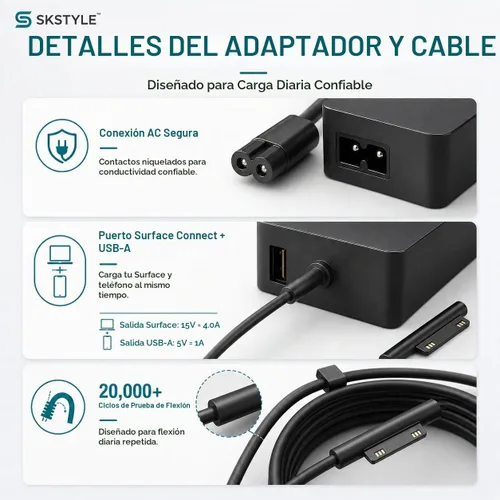 Vista 9 de Cargador Surface Pro de 65 W compatible con Microsoft Surface Pro 11/10/9/8/7+/7/6/5/4/3/X, Surface Laptop 7/6/5/4/3/2/1, Surface Go 4/3/2/1