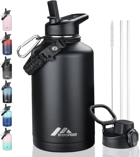 Vista 26 de StarSpeed Botella de agua aislada de 32 onzas con tapa con pajilla, botella de agua al vacío de doble pared de acero inoxidable, botella de agua