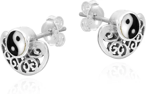 Vista 2 de Elegantes aretes de tuerca de plata de ley 925 con símbolo de Yin y Yang equilibrados en espiral, Esmalte