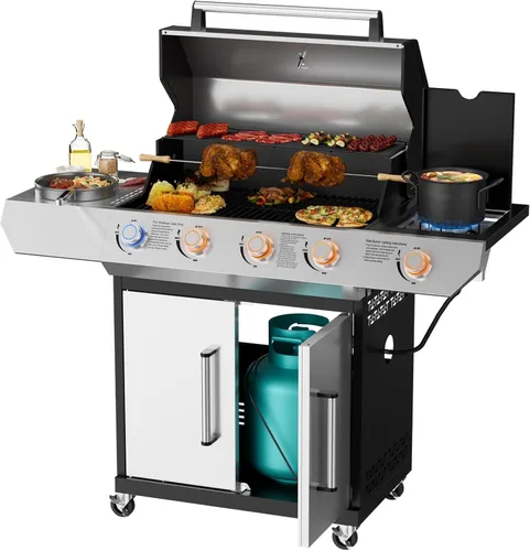 Vista 11 de SKOK Parrilla de gas propano de 4 quemadores con quemadores laterales y traseros infrarrojos, parrilla de barbacoa al aire libre con rejillas