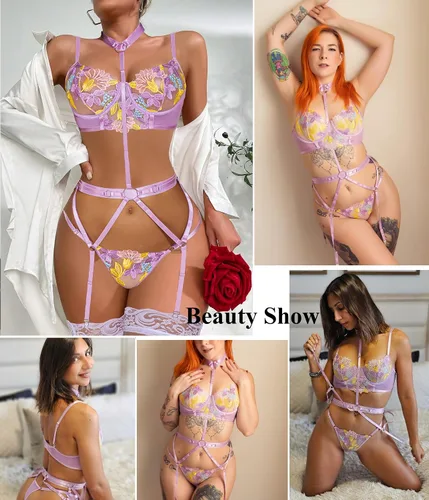 Vista 2 de Avidlove Conjunto de lencería para mujer con encaje bordado y brasier con tirantes y braga extraíble