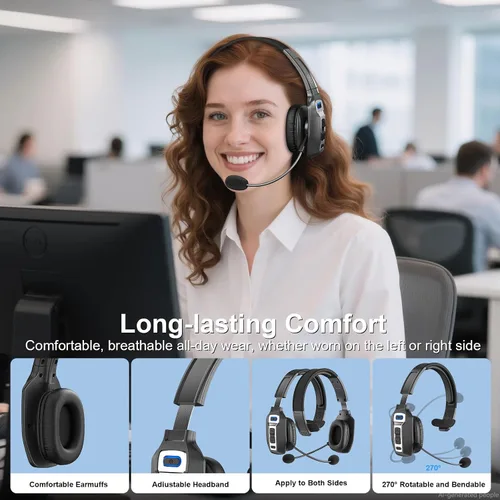 Vista 5 de Auriculares Bluetooth BRAMMAR Trucker con cancelación de ruido AI y micrófono, auriculares Trucker con 65 horas de tiempo de conversación y botón