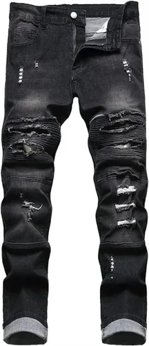 Vista 15 de Baylvn - Pantalones de mezclilla para hombre con diseño patchwork, ajustados y cómodos, estilo motociclista 3132 Camuflaje y azul