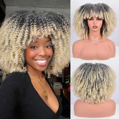 Vista 28 de Vitorish Peluca corta afro rizada con flequillo para mujeres negras, peluca sintética resistente al calor, color negro natural, para uso diario