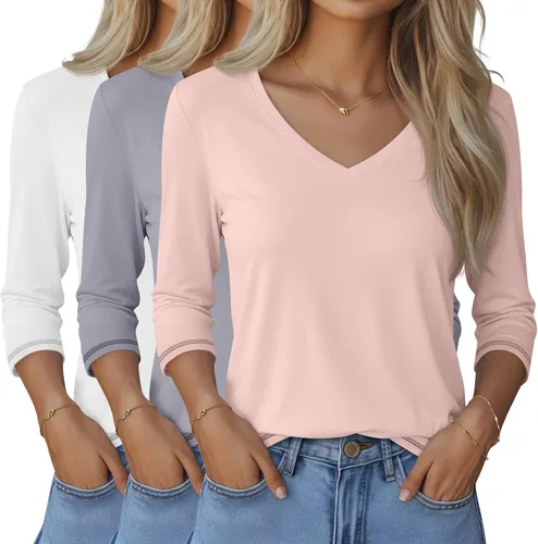 Vista 32 de Ficerd Paquete de 3 camisetas de manga 3/4 para mujer, cuello en V, blusas holgadas, blusas casuales, ropa de moda 2026