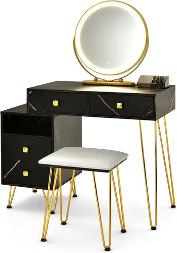 Vista 9 de CHARMAID Escritorio de tocador con armario lateral reversible, mesa de tocador de maquillaje con espejo iluminado, 3 luces de color, 4 cajones