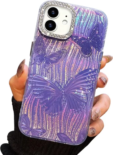 Vista 96 de I-MGAE-IN-AR Funda compacta para iPhone 11, diseño de mariposa, marco de protección de lente de cámara con diamante 3D, bonitas fundas protectoras