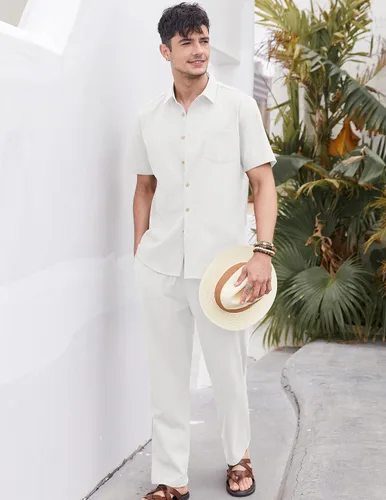 Vista 4 de COOFANDY Conjunto de 2 piezas de lino para hombre, conjunto de camisa y pantalón con botones para la playa