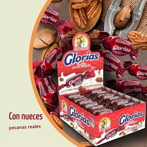 Vista 5 de Glorias Pecan 1.06 oz Family Display pack w/20 piezas Las Sevillanas Traditional goat milk cajeta dulce de leche candy with pecans, individually