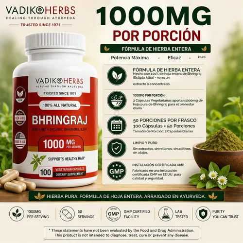 Vista 4 de Vadik Herbs Bhringraj Cápsulas Hoja de Bhringraj orgánica entera (Eclipta alba) Hierba tradicional ayurvédica para cabello saludable, cuero