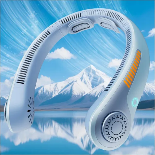 Vista 9 de Ventilador de cuello portátil, recargable, ventilador personal para soplar aire frío, 5 velocidades, batería USB, enfriador de cuello con cuello