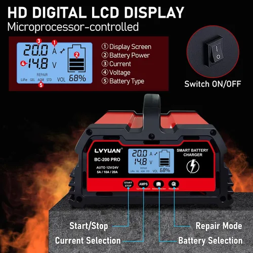 Vista 6 de LVYUAN Cargador de batería de 20 A, 12 V/24 V, cargador de batería inteligente para automóvil con cargador de goteo, cargador LiFePO4 de 12 V