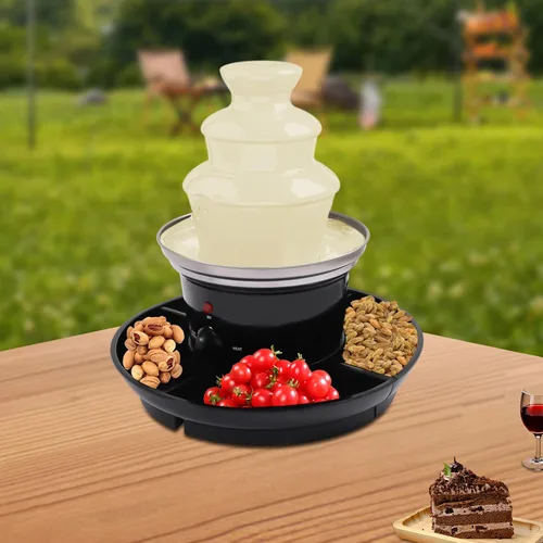 Vista 3 de Mini máquina de fuente de chocolate de 3 niveles, 10 brochetas de bambú, bandeja de servir extraíble, fuente de fondue de chocolate de 16 onzas