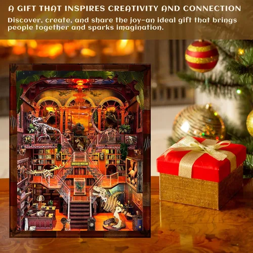 Vista 6 de Kit de Rincón de Libros para Adultos - Museo de Dinosaurios DIY Booknook, Rompecabezas de Casa de Muñecas de Madera 3D con Luces LED, Decoración