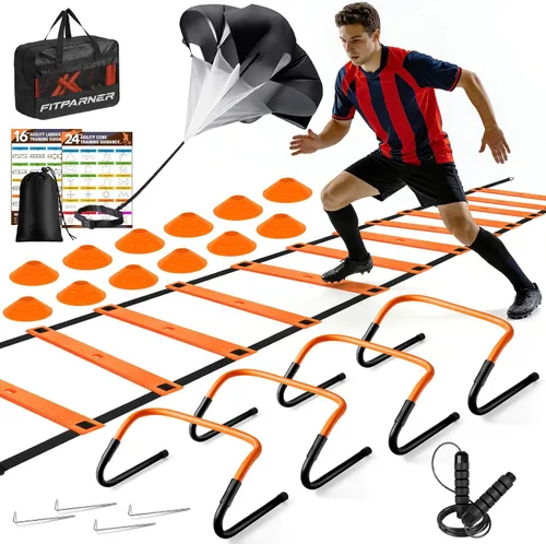 Vista 11 de Escalera de agilidad, juego de equipo de entrenamiento de fútbol y fútbol, escalera de velocidad de 20 pies, 4 obstáculos, paracaídas, 12 conos