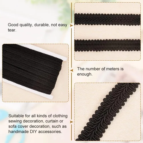 Vista 4 de FINGERINSPIRE 11 yardas de 5/8 pulgadas de color negro trenza de poliéster decorativo trenza Gimp Trim para bricolaje, manualidades, disfraces