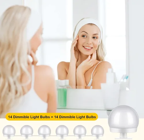 Vista 7 de Tuanse Juego de 2 luces LED de tocador, 28 bombillas regulables con 3 modos de color, luz de espejo de maquillaje enchufable con color y brillo