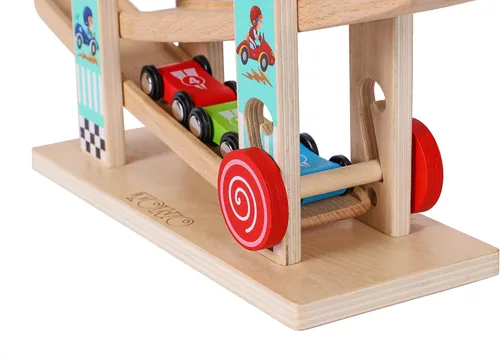 Vista 4 de Juguete de pista de carreras de rampa de madera para automóvil, juego de autos para niños, 4 unidades de autos de repuesto, vehículos de pista