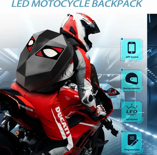 Vista 2 de Mochila de motocicleta LED personalizable, mochila LED rígida impermeable para hombres, mochilas con casco de caballero genial con ojos de diablo (B)