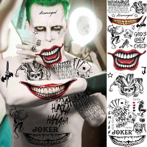 Vista 3 de VANTATY 5 hojas de tatuajes temporales 3D de Halloween Joker para hombres, mujeres y adultos, gótico, estilo de Halloween, impermeable, patrón de A