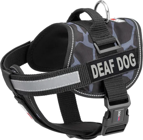 Vista 18 de Dogline Unimax - Arnés para perro con parches para perros sordos reflectantes sin tirones, correas ajustables, neopreno transpirable para médicos