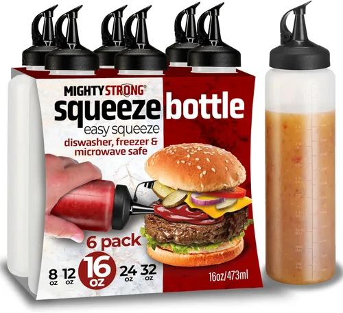 Vista 10 de Paquete de 6 botellas exprimibles para condimentos, botellas de chorro de 8 onzas con tapa a prueba de fugas, botellas de salsa fáciles de verter