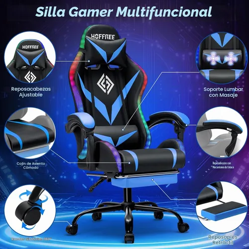 Vista 9 de Silla RGB para videojuegos con masaje y luces LED, ergonómicas, con reposapiés, respaldo alto, silla reclinable para computadora con soporte lumbar