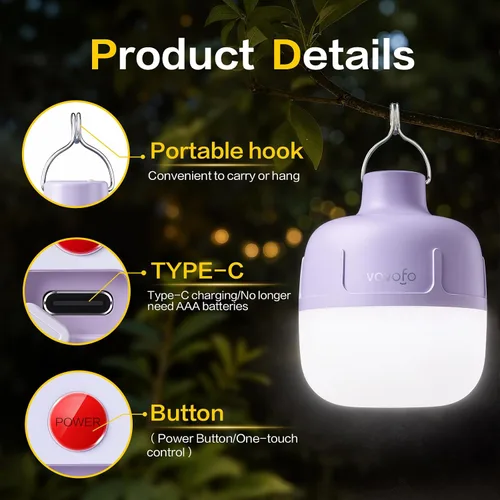 Vista 2 de VAVOFO Linterna LED de campamento de 20 W, recargable, luz de campamento de 1200 lúmenes, luz portátil de tienda de campaña de 3000 mAh, linterna