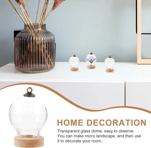 Vista 3 de HOMSFOU Retro Decor 3 piezas de cristal Cloche Bell Jar Display Dome con base de madera, mini botellas de vidrio, cúpula transparente, vitrina