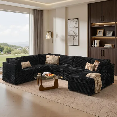 Vista 49 de Ovios - Sofá modular con diván en forma de U y otomanas, cómodo y mullido, tapizado en pana estilo nube, moderno, asiento profundo, juego de sofás