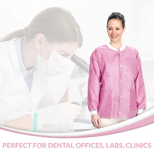 Vista 54 de Paquete de 10 chaquetas desechables de laboratorio, chaqueta médica reutilizable hasta la cadera, unisex, con puños de punto y bolsillos
