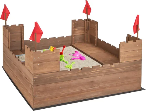 Vista 9 de HONEY JOY Caja de arena para niños, pozo de arena sin fondo de cedro para patio trasero, 4 banderas rojas y forro inferior, banco lateral y 2 cajas