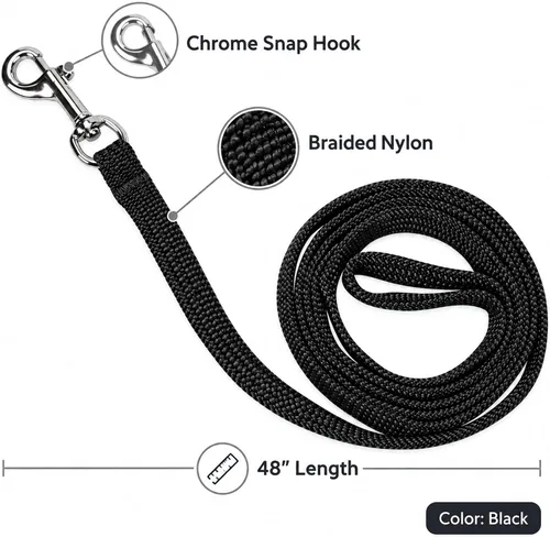 Vista 4 de Resco Correa trenzada para entrenamiento de perros, correa antideslizante de nailon de 48 pulgadas, fabricada en Estados Unidos, color negro