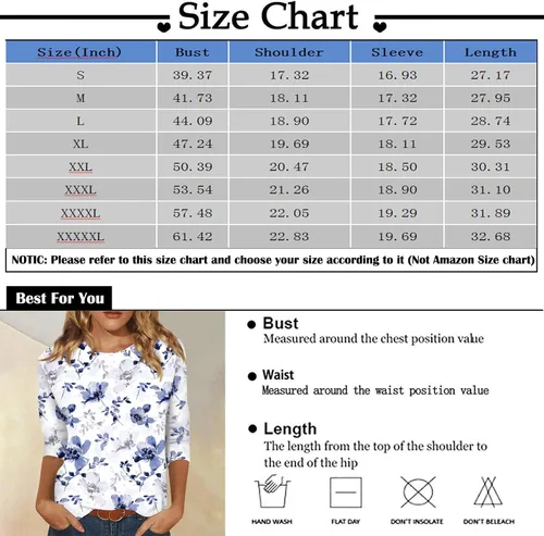 Vista 5 de Sexy Holiday Tops for Women,Causal Loose 34 Sleeve Blouse 34 Sleeve Shirts for Women Cute Flowers Print Graphic Tees