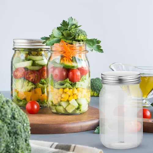 Vista 7 de Gerrii 24 tarros de plástico transparente de 16 onzas con tapas, vasos de cóctel rellenables, envases de avena vacíos durante la noche, recipientes