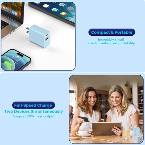 Vista 6 de Bloque de carga para iPhone 16/15, bloque de carga USB C [paquete de 2] 20 W de doble puerto PD rápido USB C adaptador de cargador de pared USB A
