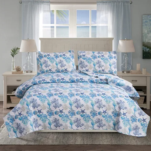 Vista 12 de Juego de edredón de tamaño Queen - Edredón ligero reversible, colcha, cubrecama - Ropa de cama costera - Decoración del hogar con concha de estrella